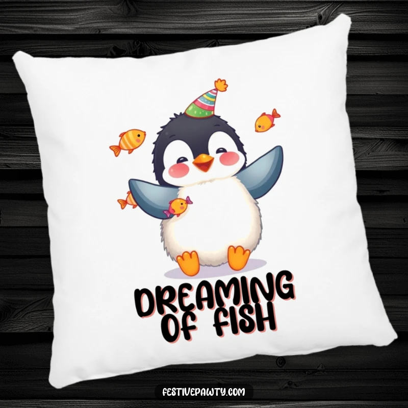 Funny penguin pillow featuring a fluffy penguin juggling fish, offering humorous comfort and festive style.