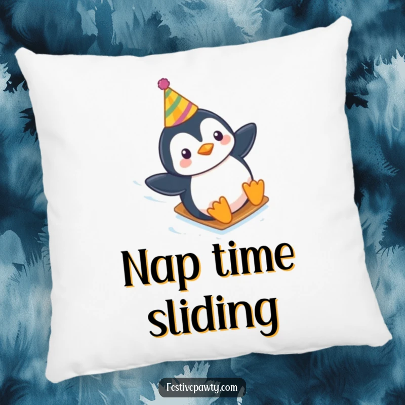 Funny pillow with a happy penguin wearing a party hat, sliding down an icy slope, bringing festive cheer.