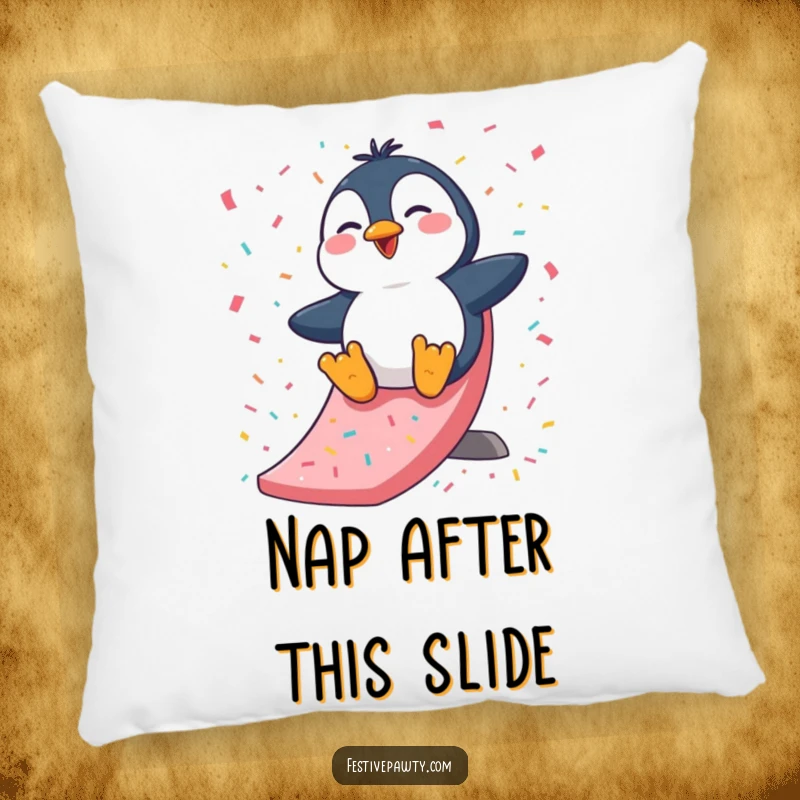 Funny Pillow: A plush pillow depicting a giggling penguin character sliding with delight down a confetti-filled slide, full of playful charm.