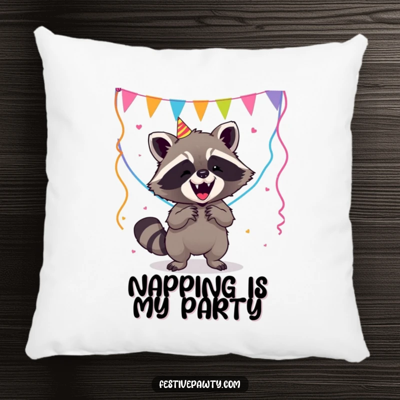 Funny Raccoon Pillow: A plush pillow featuring a raccoon humorously entangled in a frenzy of party streamers, bringing smiles.