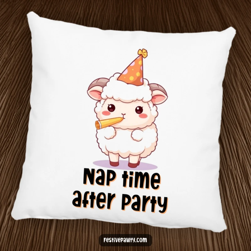 Funny sheep pillow featuring a fluffy character in a party hat blowing a horn, offering a blend of comfort and celebration.