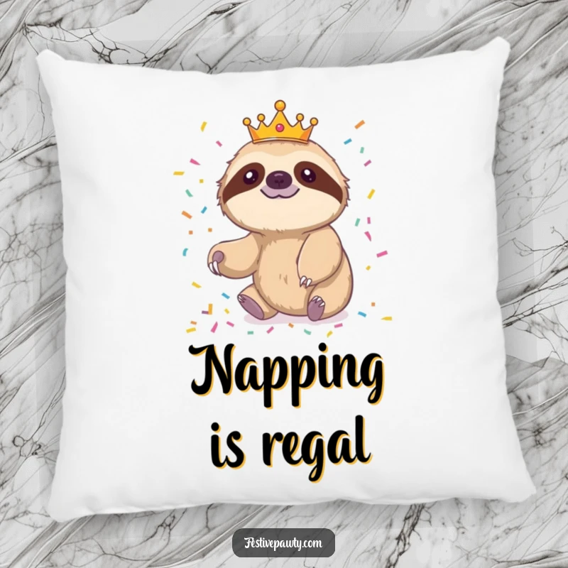 Funny sloth pillow featuring a cheerful sloth king reaching for confetti, offering humorous comfort.