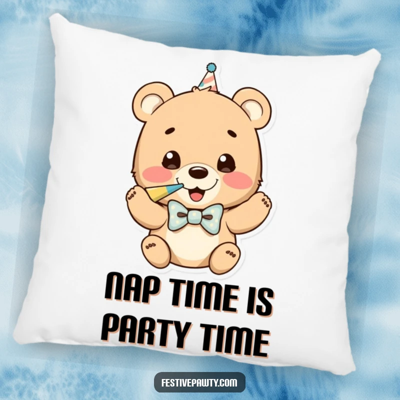 Funny pillow design of a jubilant bear cub wearing a bowtie, enthusiastically blowing a party horn, bringing cozy cheer.