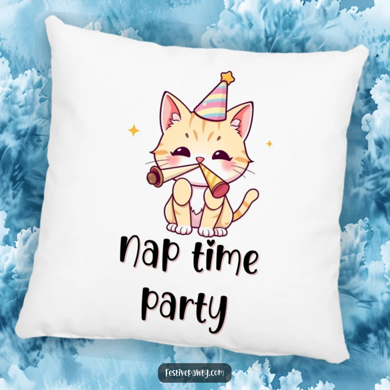 Funny cat pillow showcasing a cute character in a party hat blowing a party horn, adding a cozy and festive touch to home decor.