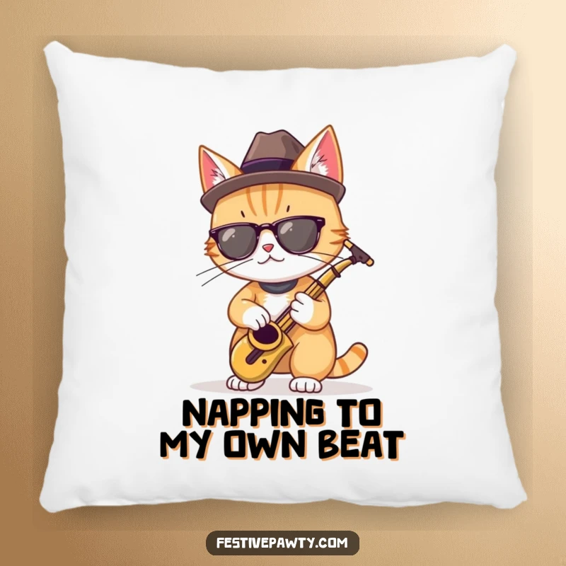 Funny pillow with a cool cat in a fedora, playing a miniature saxophone, adding jazzy humor to decor.