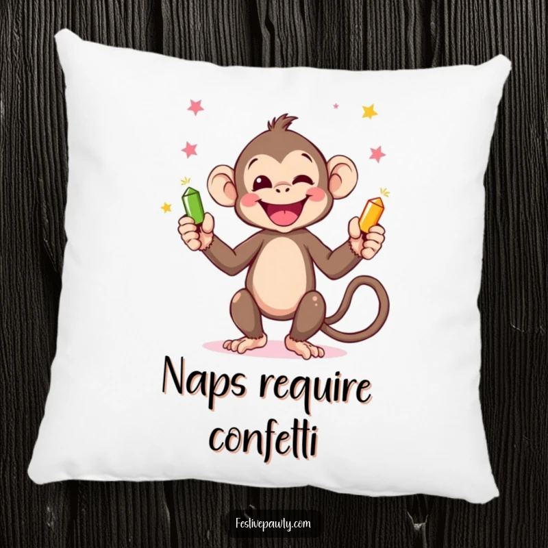 Funny Monkey Pillow: A happy monkey juggling small party poppers with its hands and tail, offering a soft and humorous decorative accent.