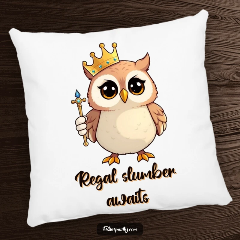 Funny Owl King Pillow: A proud owl character wearing a tiny crown and holding a sparkling scepter promises regal comfort.