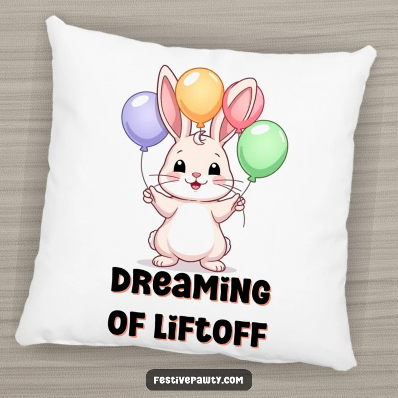 Funny pillow with a plush rabbit character balancing colorful balloons, providing comfort and a touch of whimsy.