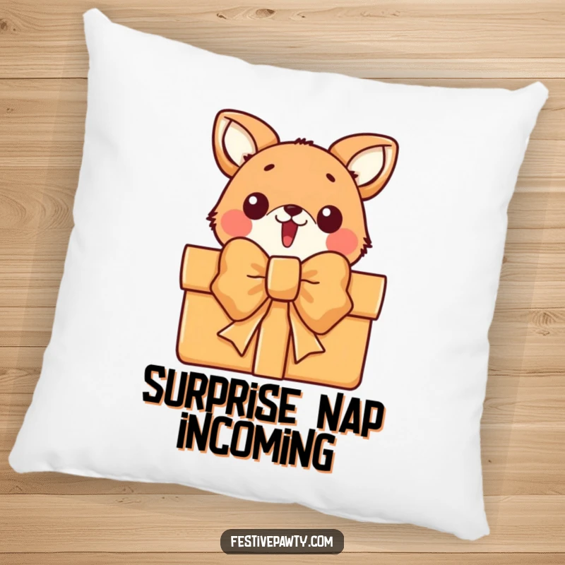 Funny animal character pillow, peeking with surprise from behind a large gift bow, adding comfort and whimsical charm.