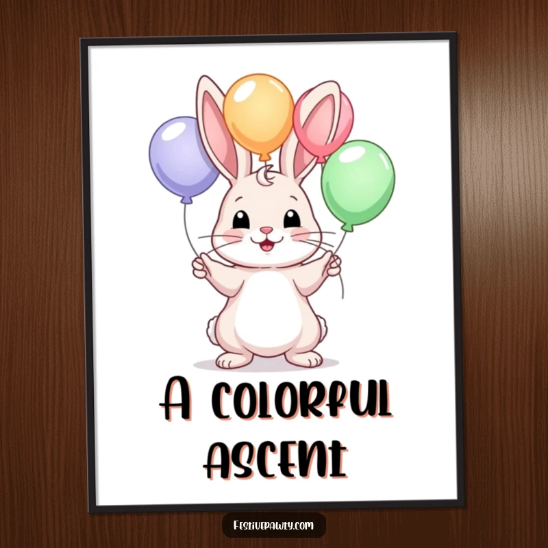 Funny digital art print of a skilled rabbit juggling bright balloons, adding a touch of playful whimsy to any decor.