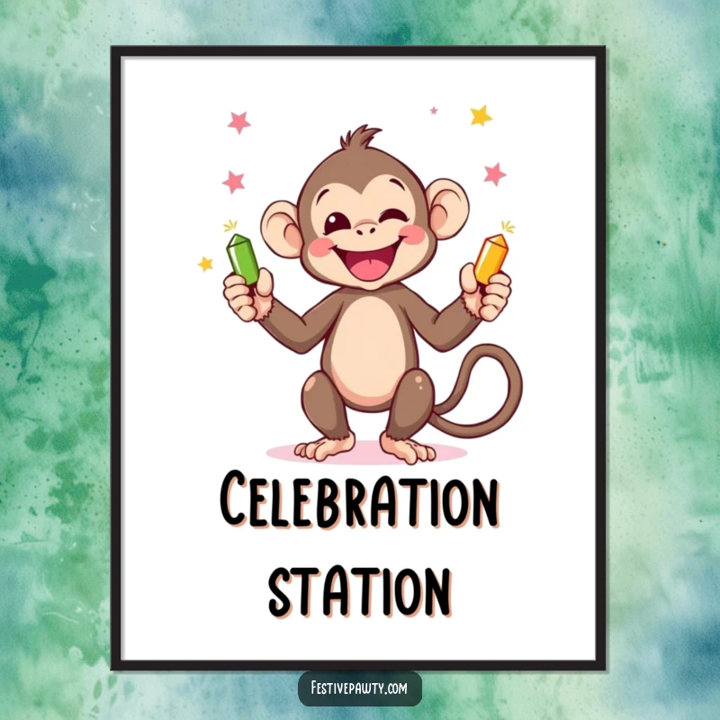 Funny Monkey Digital Art Print: A cheerful monkey juggling tiny party poppers with its hands and tail, creating a dynamic and humorous visual.