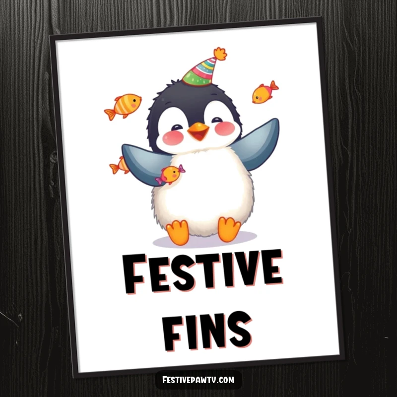 Funny penguin digital art of a fluffy penguin juggling fish, ideal for festive and cheerful decor.