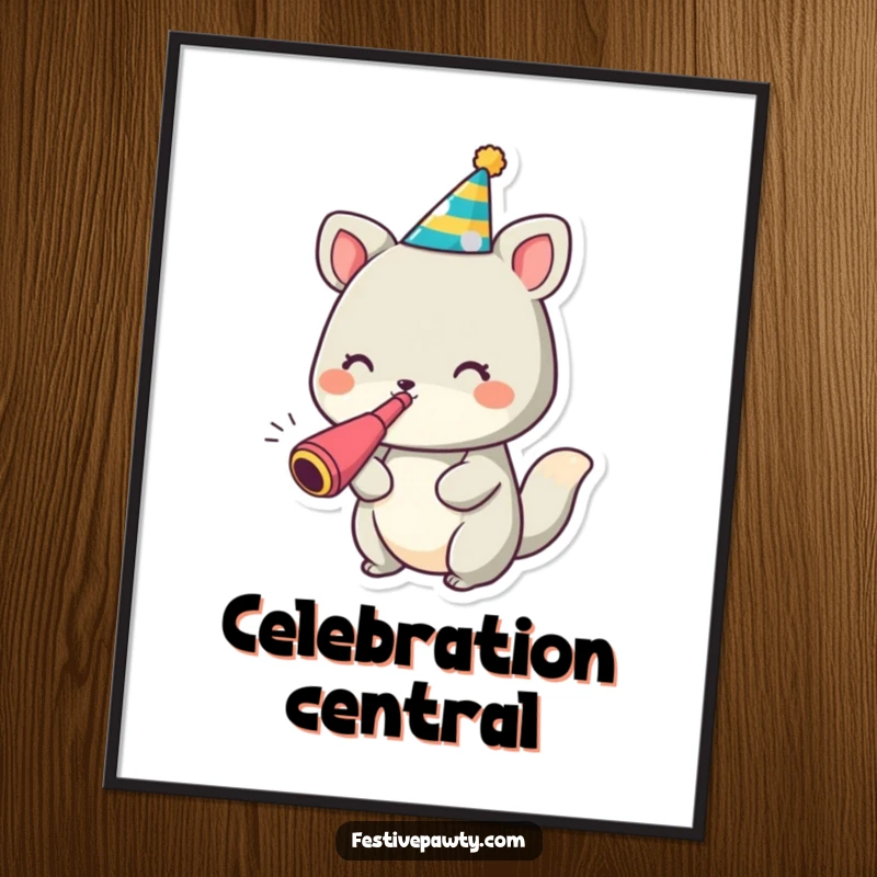 Funny animal character digital art print wearing a party hat and blowing a noisemaker, capturing celebratory excitement.