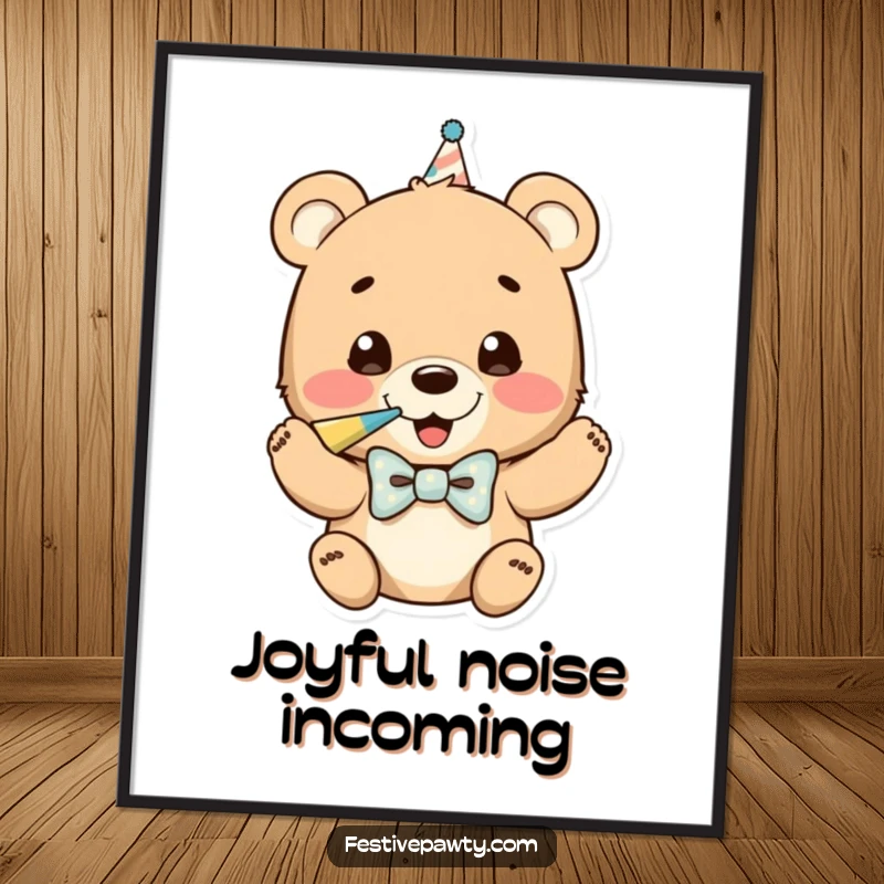 Funny digital art print of a happy bear cub in a bowtie, enthusiastically blowing a party horn, ready to bring cheer.