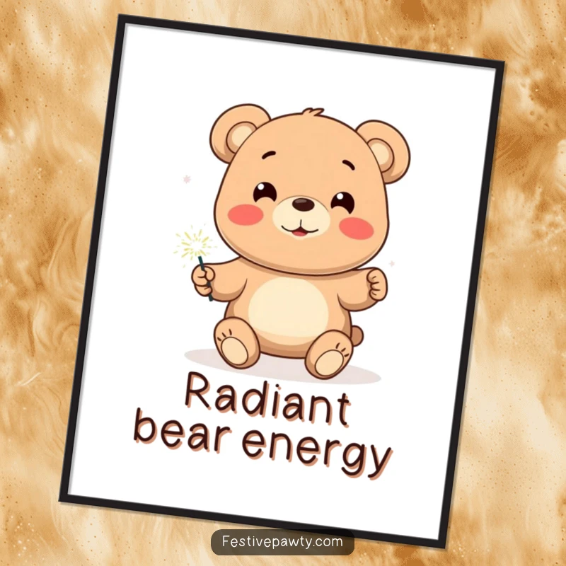 Funny Bear Digital Art Print of a smiling bear character holding a brightly lit sparkler, ready for printing and framing.