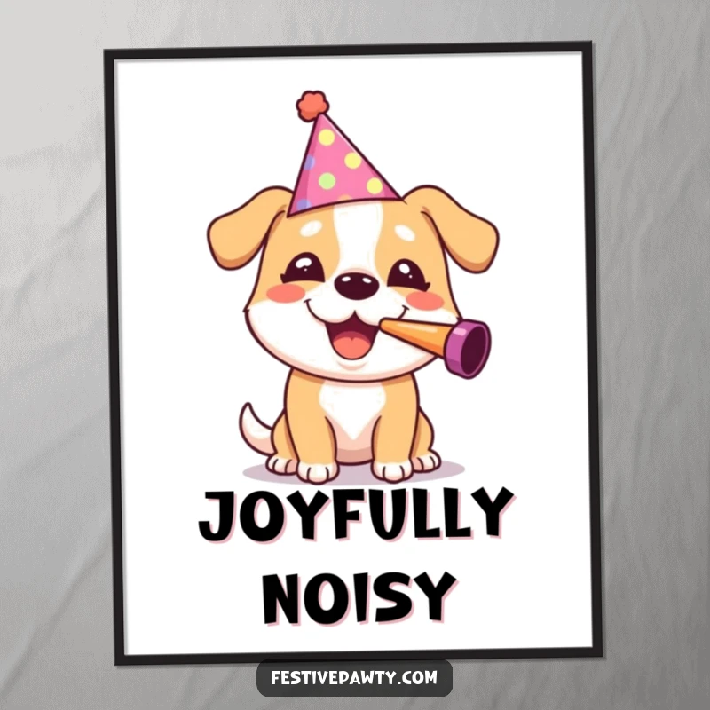 Funny dog character in a party hat gleefully blowing a noisemaker, offered as a digital art print for instant humor.