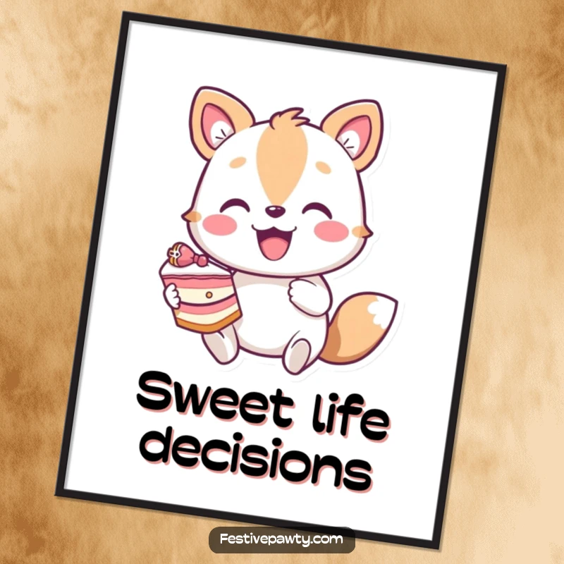 Funny digital art print of an enthusiastic animal character holding a tempting slice of cake, celebrating dessert joy.