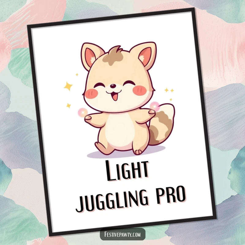 Funny digital art print of a joyful cartoon animal gleefully juggling illuminated party lights, capturing a moment of pure festive fun.