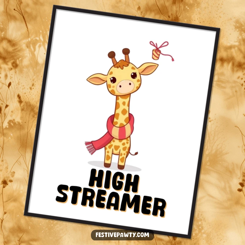 Funny Giraffe Digital Art Print: A giraffe in a festive scarf reaches for a streamer, perfect for instant festive and humorous decor.