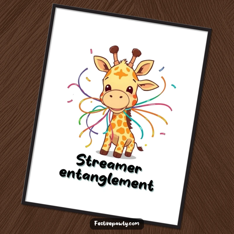 Funny digital art print of a giggling giraffe comically entangled in colorful streamers, full of playful energy.