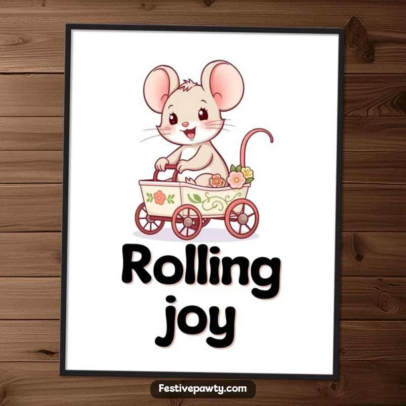 Funny Mouse Digital Art Print of a delighted mouse character riding in a tiny, decorated cart, creating an instant atmosphere of joy.