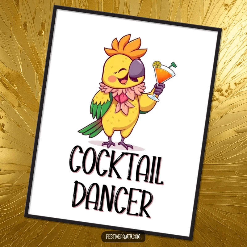 Funny Digital Art Print of a giggling parrot wearing a feathered boa, dancing with a cocktail, ready for instant download and display.