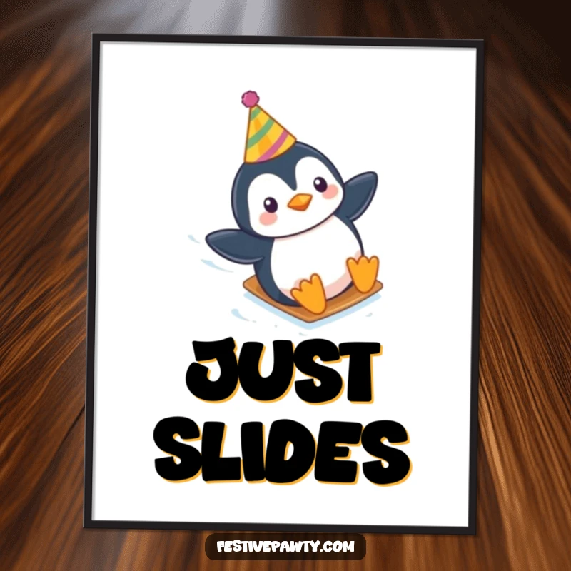 Funny digital art print of a playful penguin wearing a party hat, sliding down an icy slope with joy.