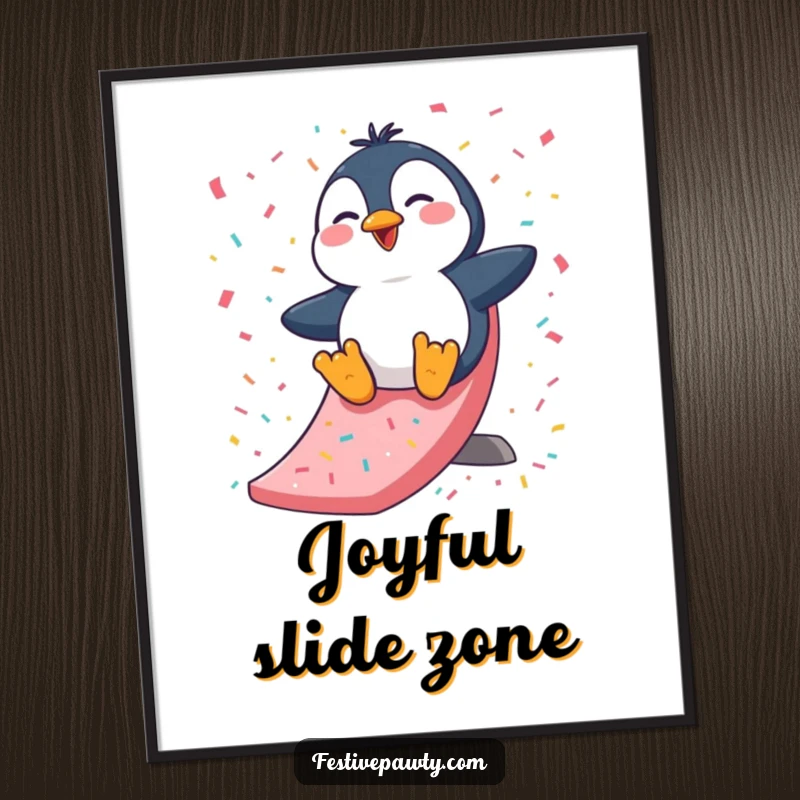Funny Digital Art Print: A vibrant depiction of a giggling penguin character mid-slide on confetti, designed for instant smiles.