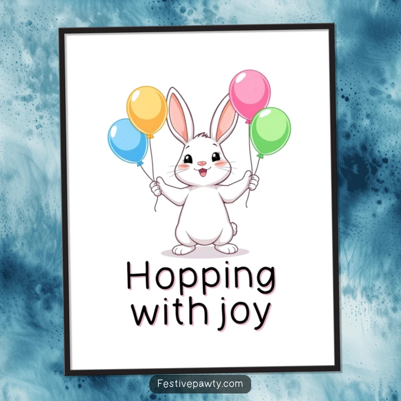 Funny Rabbit Digital Art Print of a cute rabbit character juggling colorful balloons with all four paws, ready for printing.