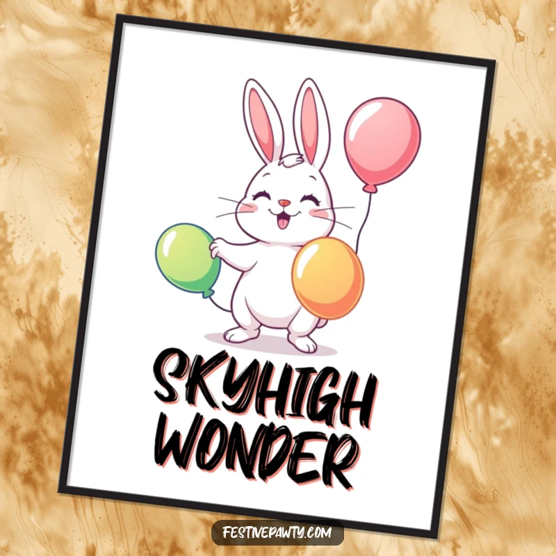Funny digital art print of a playful rabbit expertly juggling three brightly colored balloons, radiating charm and skill.