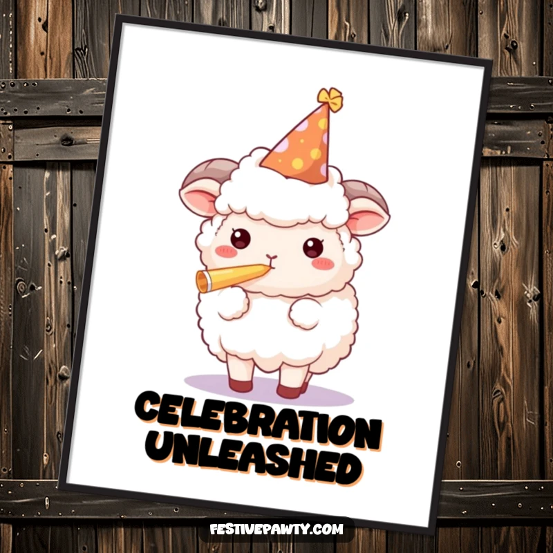 Funny sheep party digital art print, showing a character celebrating with a horn, ready for instant festive home styling.