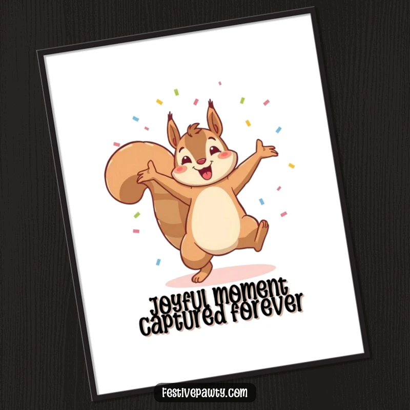 Funny digital art print of a squirrel in mid-cartwheel, surrounded by a festive cascade of confetti, symbolizing energetic triumph.