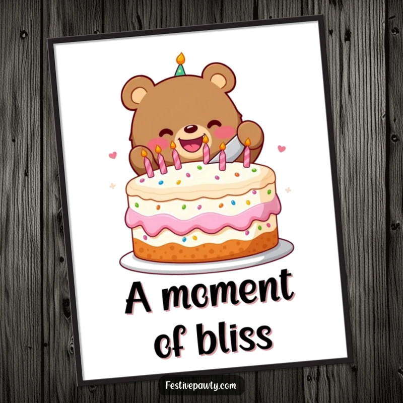 Funny digital art print of a beaming bear character slicing a festive birthday cake, ideal for celebratory decor.