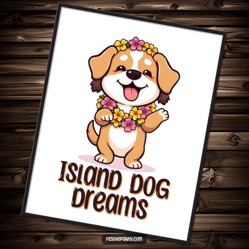 Funny digital art of a playful dog wearing a flower lei, doing a relaxed hula dance, perfect decor.