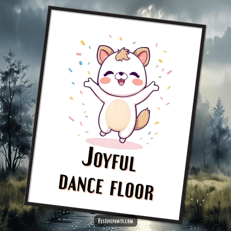 Funny animal character digital art print dancing with confetti, embodying pure happiness and motion.
