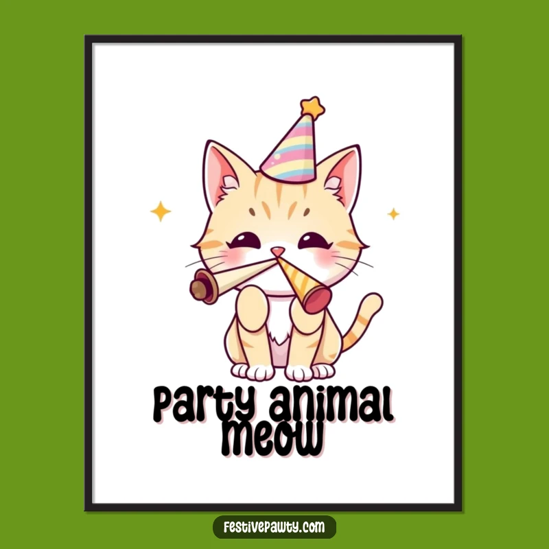 Funny Cat Party Digital Art - Festive Horn Print, Instant Download Gift