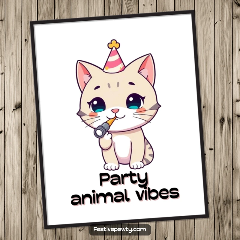 Funny Cat Digital Art Print: A downloadable illustration of a happy cat in a party hat blowing a noisemaker, ready for immediate printing and display.