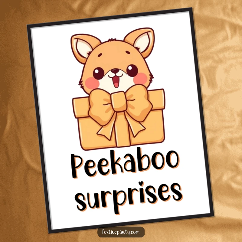 Funny digital art print of a surprised animal character peeking from behind a giant gift bow, celebrating unexpected joy.