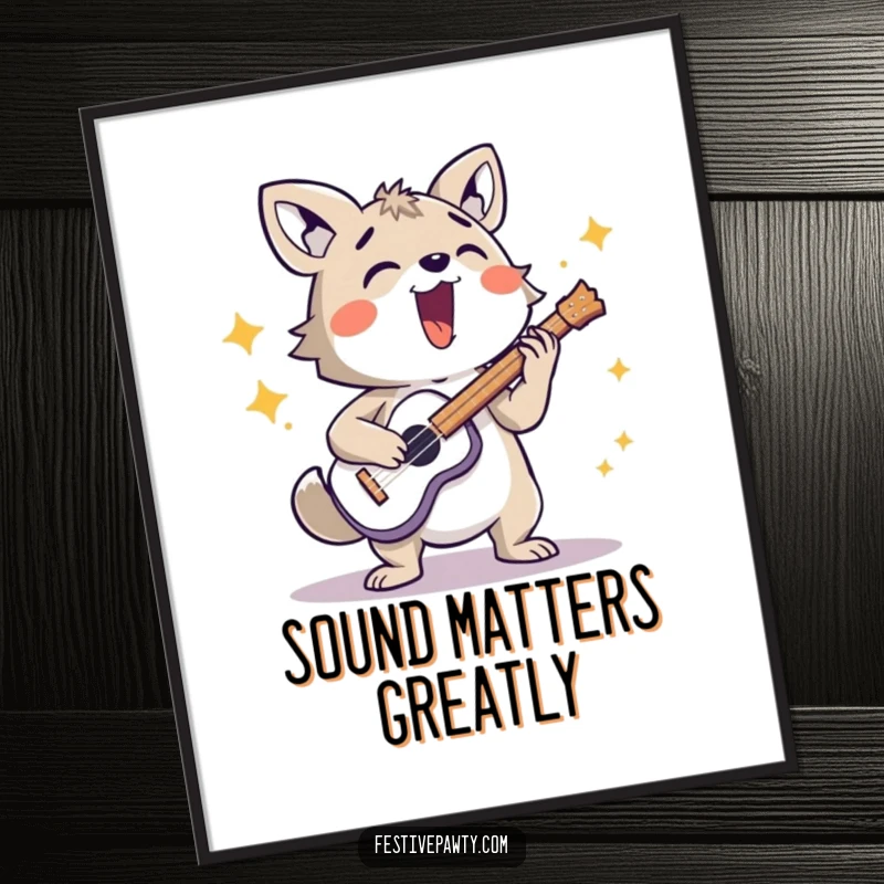 Funny digital art print of an energetic animal character playing a musical instrument very loudly, capturing musical passion.