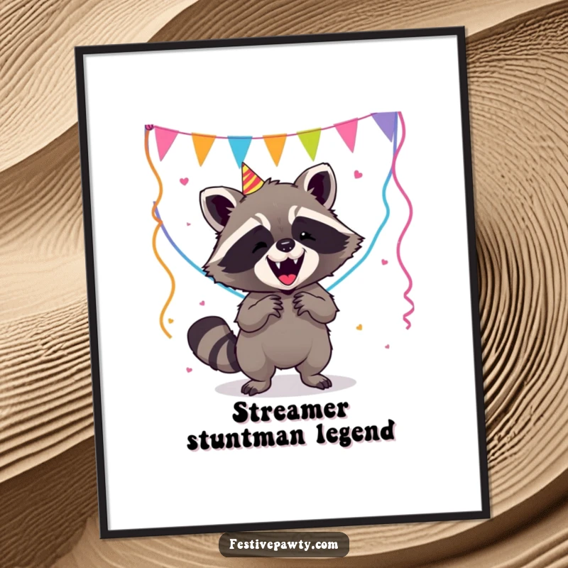 Funny Raccoon Digital Art Print: A hilarious raccoon humorously attempts to manage a cascade of tangled party streamers in this fun artwork.