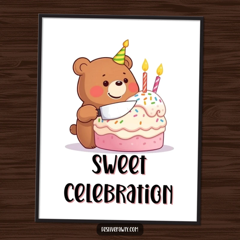 Funny digital art print of a beaming bear character joyfully cutting into a massive, festive birthday cake, embodying pure celebration.