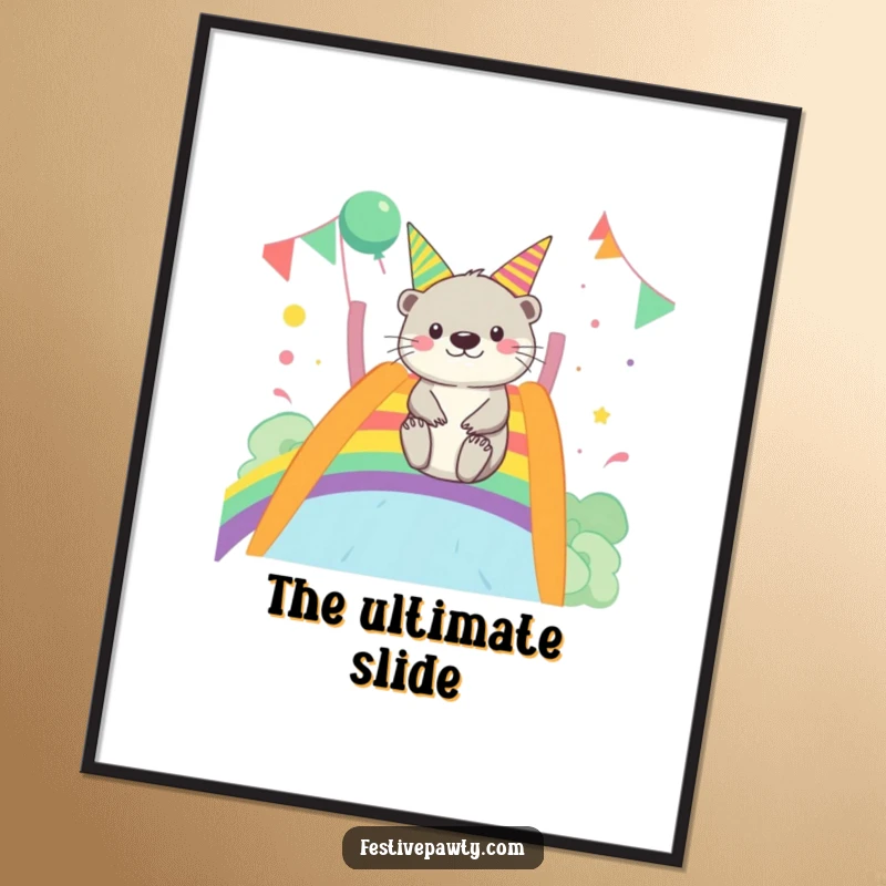 Funny Otter Digital Art Print: A merry otter gleefully slides down a vibrant rainbow, creating a joyful and fun artwork.