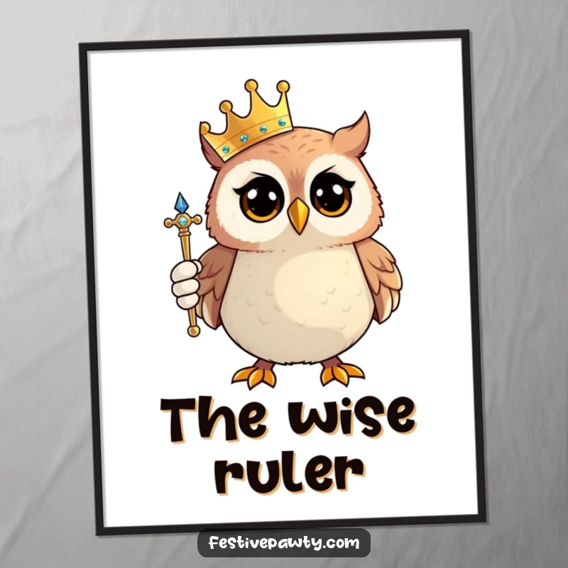 Funny Owl King Digital Art: A proud owl character wears a tiny crown and holds a sparkling scepter, embodying regal humor.