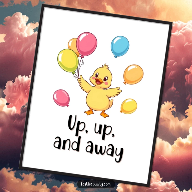 Funny duck juggling digital art print, showing a character balancing balloons, ready for instant cheerful home styling.