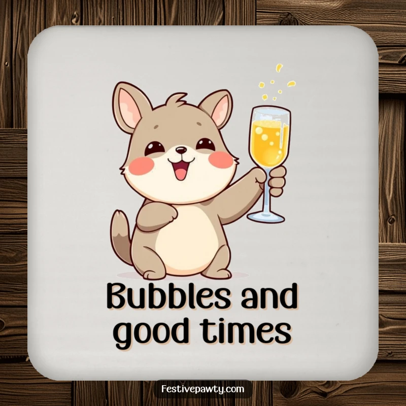 Funny drink coaster featuring a delighted animal character raising a glass of fizzy drink in a toast, adding festive flair.