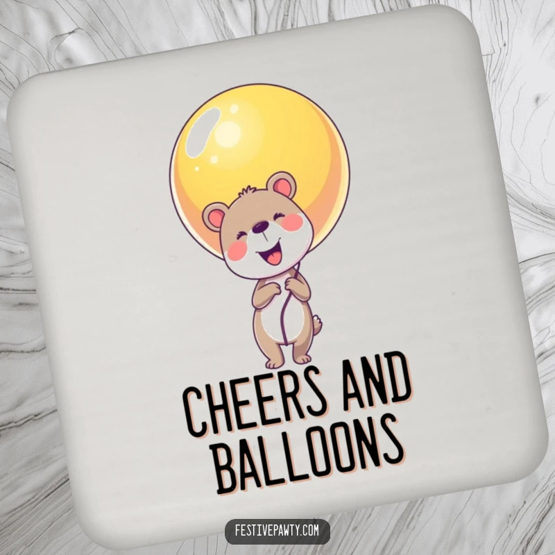 Funny animal character coaster holding a giant balloon, adding a touch of joy to surfaces.