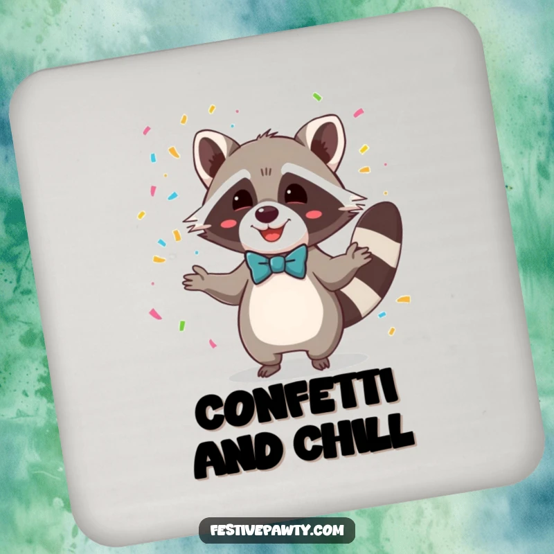 Funny coaster featuring a sophisticated raccoon in a bowtie, juggling colorful confetti, protecting surfaces humorously.