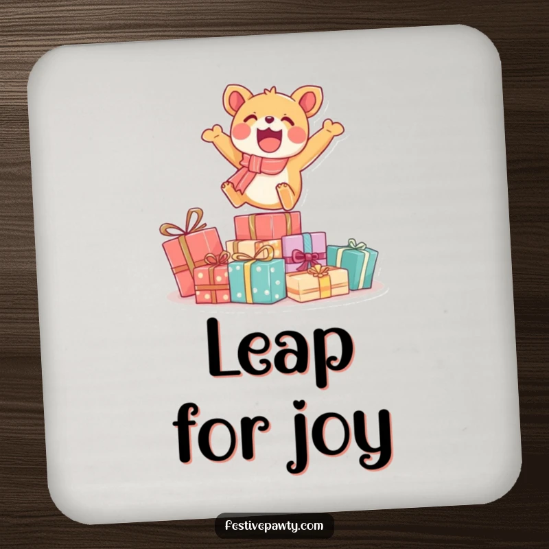 Funny drink coaster with a cartoon animal energetically leaping over gift boxes, protecting surfaces while adding a humorous decorative element.