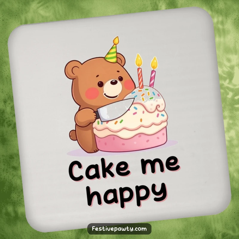 Funny drink coaster showing a beaming bear character joyfully slicing a festive birthday cake, protecting surfaces with cheer.
