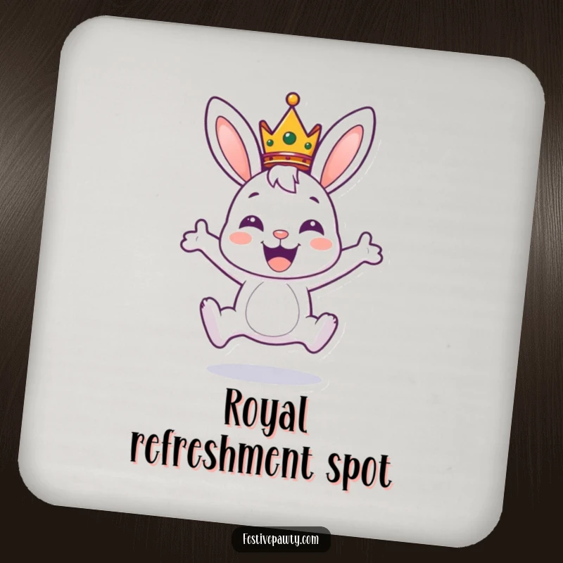 Funny drink coasters showcasing a happy bunny wearing a tiny crown, leaping with excitement, adding royal charm to beverage settings.